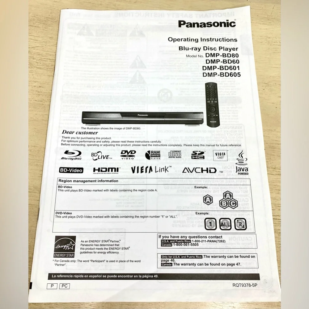 Panasonic DMP-BD55 Black Blu-ray DVD CD Player Original Remote Manual - Picture 6 of 16